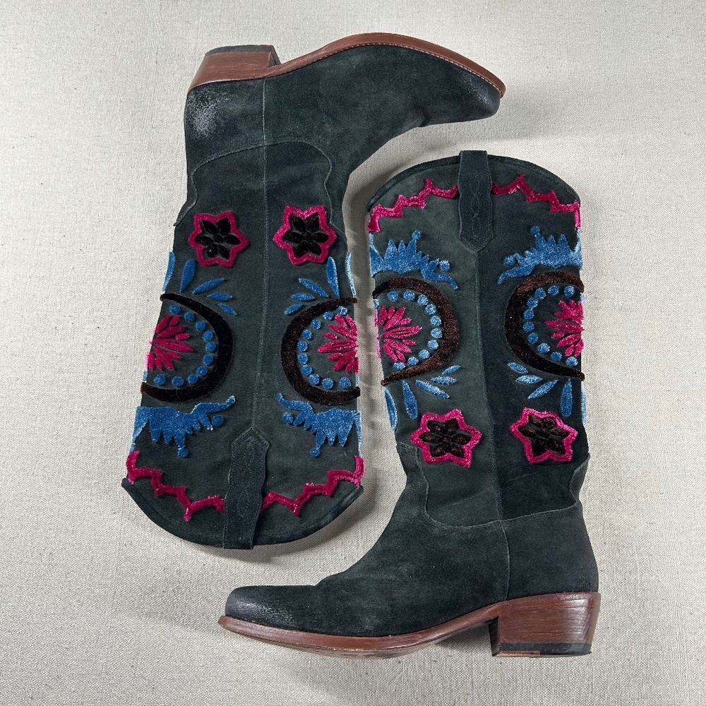Free People Cowboy Boots Womens 38.5 Evy Embroidered Western Mid Calf Suede